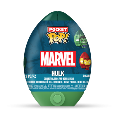 Ovo colecionável verde Pocket Pop! Marvel com imagens dos personagens Hulk e Homem de Ferro