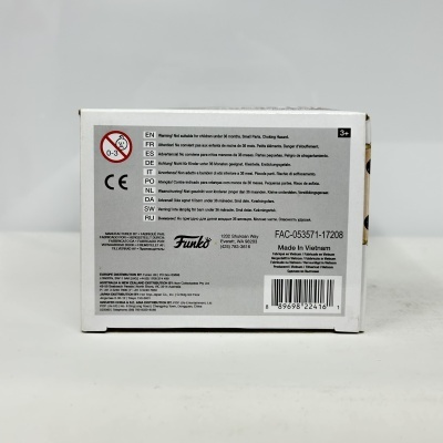 Caixa de produto Funko com texto de segurança multilingue e código de barras