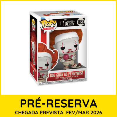 Figura de vinil Bob Gray como Pennywise em caixa Funko Pop com texto de pré-reserva em fundo amarelo.