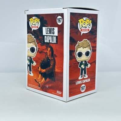 Embalagem POP! figura Lewis Capaldi nº 197 com fundo vermelho e nuvens