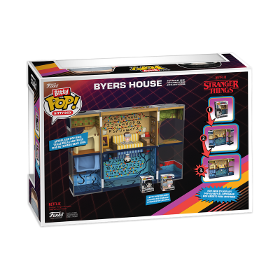 Embalagem Funko Bitsy Pop! Byers House Stranger Things com ilustração e texto