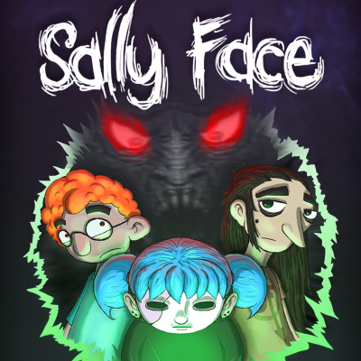 Arte digital colorida com três personagens e um fundo sombrio com texto 'Sally Face'