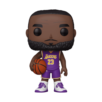 Figura colecionável Funko Pop de jogador de basquetebol dos Lakers roxa número 23 com bola.