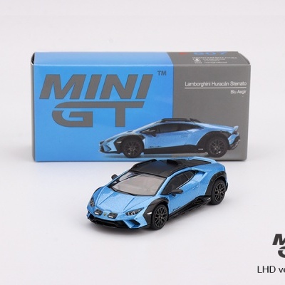 Miniatura azul metálica Lamborghini Huracán junto a caixa azul e cinzenta MINI GT