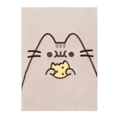 Tapete cor-de-rosa claro com desenho de gato segurando biscoito amarelo