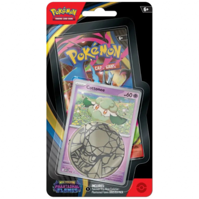 Pack de cartas Pokémon Trading Card Game com carta Cottonée, moeda metálica e booster pack Phantasmal Flames.