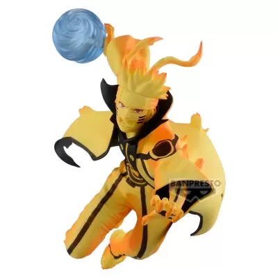 Figura colecionável do personagem anime Naruto Uzumaki com esfera azul e efeitos de fogo laranja