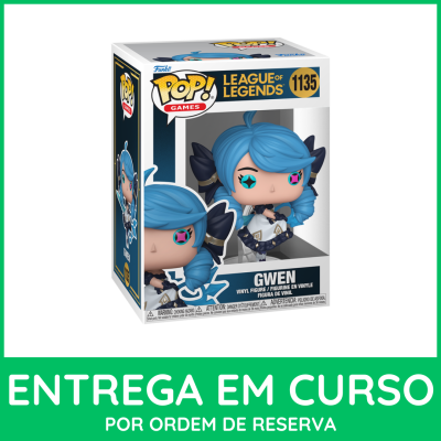Funko Pop! da Gwen de League of Legends na embalagem com fundo branco e texto verde