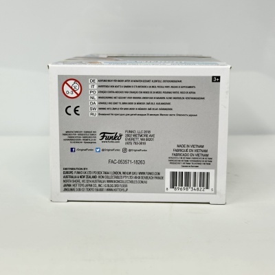 Parte traseira da caixa de um produto Funko Pop com dados de segurança, códigos e texto multilíngue