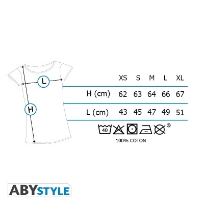 Tabela de tamanhos de t-shirt ABYSTYLE com medidas e símbolos de lavagem