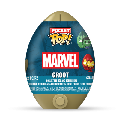 Ovo colecionável Pocket Pop! Marvel com personagens Groot e Homem de Ferro na embalagem.