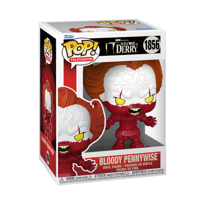 Funko Pop! Bloody Pennywise, caixa branca com detalhes pretos e vermelhos
