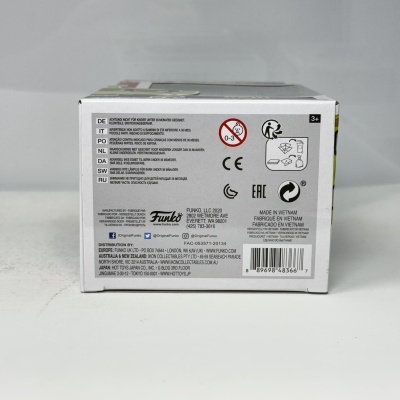 Parte traseira de embalagem de produto Funko com texto e símbolos em fundo branco