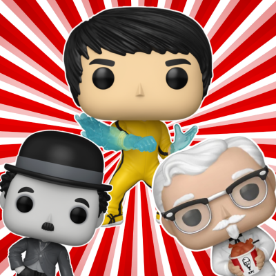 Três bonecos Funko Pop com roupas distintas e fundo vermelho com raios brancos