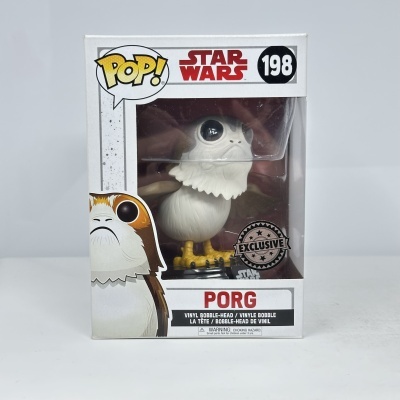 Figurina Funko Pop! Star Wars Porg número 198 em caixa branca com janela plástica