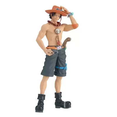 Figura colecionável de personagem masculino com chapéu laranja e colar de contas