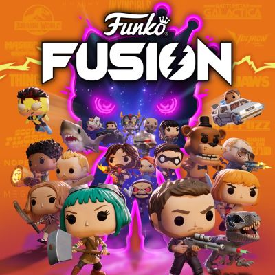 Figuras colecionáveis Funko Fusion em fundo laranja com texto.