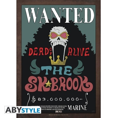 Poster de desenho com texto 'WANTED DEAD OR ALIVE THE SK BROOK 83.000.000 MARINE' e caveira com cabelo afro e coroa.