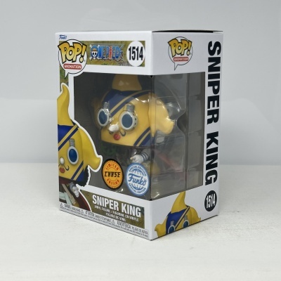 Funko Pop! Sniper King da animação One Piece na embalagem branca com janela transparente.
