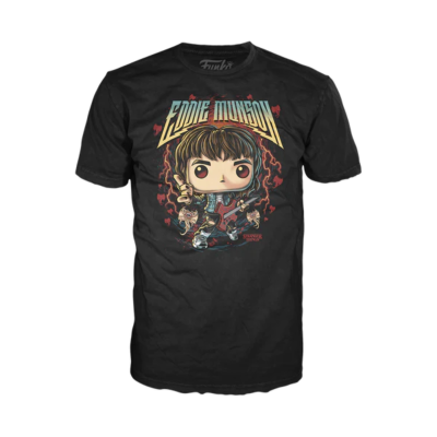 T-shirt preta com estampa colorida de Eddie Munson Funko Pop