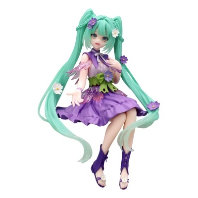 Figura decorativa de personagem feminina de vestido roxo com cabelo verde e flores