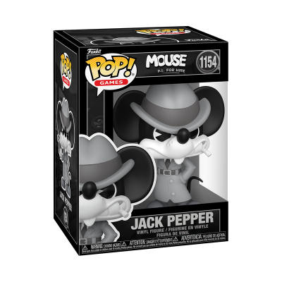 Funko Pop Jack Pepper figura vinil preta e branca de rato com chapéu dentro de embalagem preta POP GAMES 1154