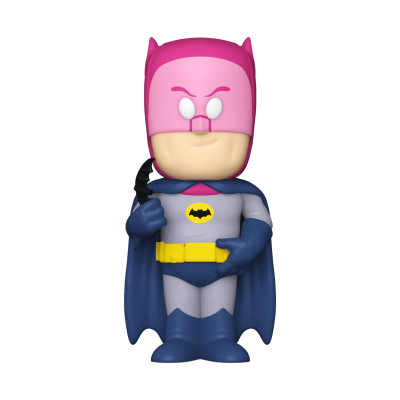 Figura de vinil de super-herói com máscara rosa, capa azul e fato cinzento