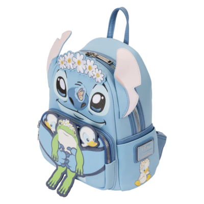 Mochila azul clara com desenho Cartoon do Stitch com flores e patos
