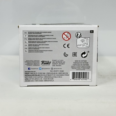 Verso de caixa Funko com texto, símbolos de segurança e código de barras