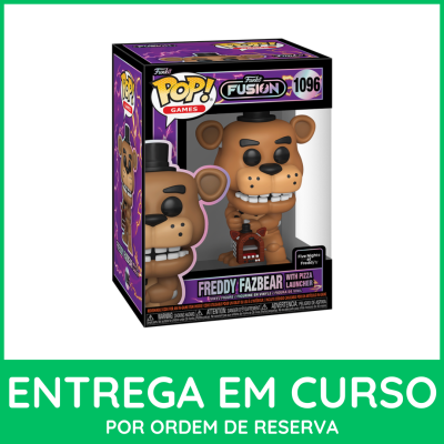 Figura Funko Pop! Freddy Fazbear com lançador de pizza na embalagem