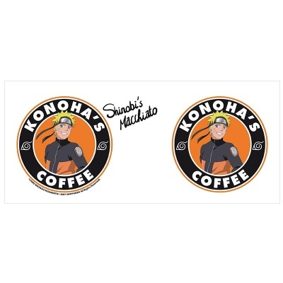Logos do KONOHA'S COFFEE com personagem de anime loiro e texto 'Shinobi's Macchiato'
