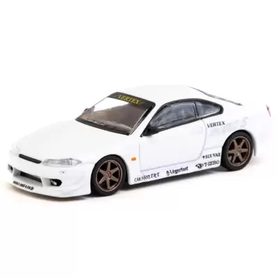 Miniatura carro desportivo branco com pneus castanhos e texto VERTEX