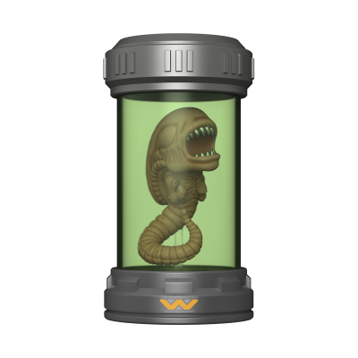 Figurinha alienígena em tanque cilíndrico verde com tampas cinzentas e logo amarelo.