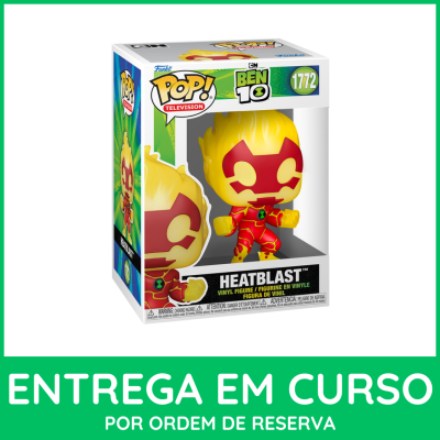 Figura Funko Pop! Heatblast Ben 10 em caixa com texto de entrega em curso