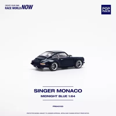 Miniatura de carro Singer Monaco azul meia-noite 1:64 em fundo branco