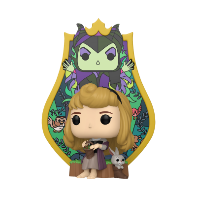 Figura Funko Pop loira com cesta e coelho branco em base decorada com personagem roxa e verde e moldura amarela