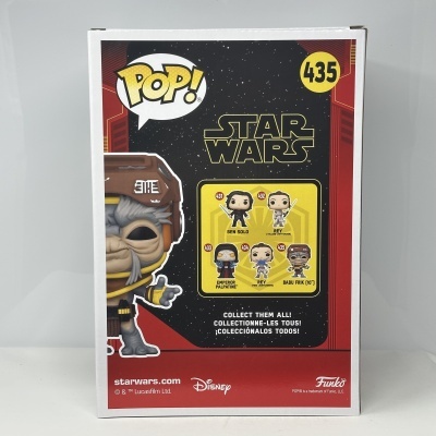 Embalagem Funko Pop Star Wars nº 435 Babu Frik com ilustração do personagem e texto promocional.