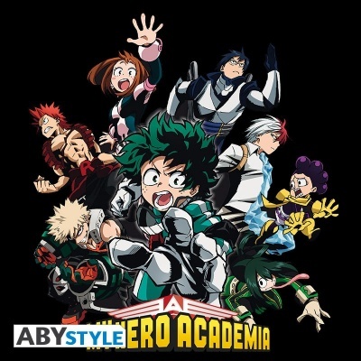 Personagens do anime My Hero Academia em pose de ação com texto do título e logotipo ABYSTYLE