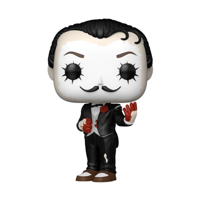 Boneco Funko Pop com rosto branco e cabelo preto, fato preto, luvas vermelhas e bigode.
