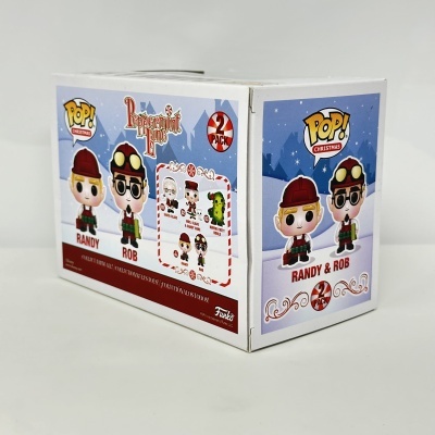 Caixa Funko Pop! Christmas com figuras Randy e Rob em fundo natalício azul