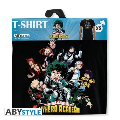 T-shirt preta XS com estampa colorida de My Hero Academia e embalagem ABYstyle.