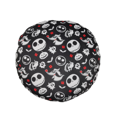 Almofada redonda preta com padrão de Halloween branco e vermelho