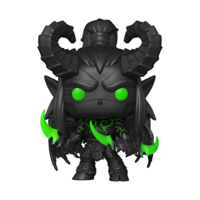 Figura colecionável estilizada com chifres pretos e olhos verdes brilhantes