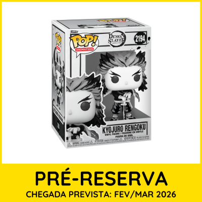 Figura vinil Funko Pop Kyojuro Rengoku Demon Slayer preta e branca na embalagem.