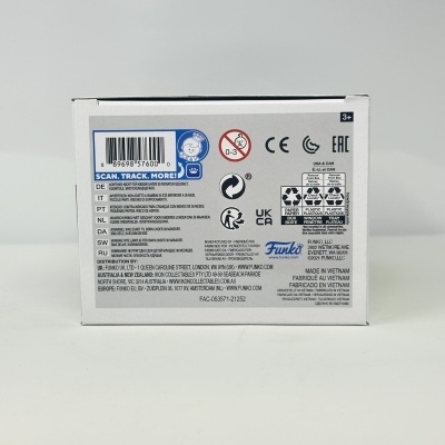 Caixa branca com instruções, códigos de barras, símbolos de reciclagem, certificações, logotipo Funko e indicação Vietname