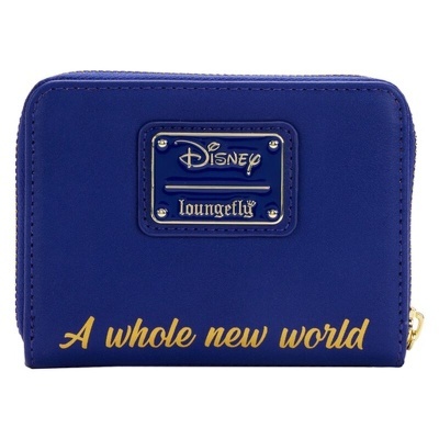 Carteira azul escura com logos Disney loungefly e frase A whole new world em dourado