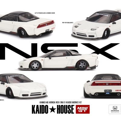 Miniatura de carro Honda NSX branco com teto preto e detalhes Kaido Works