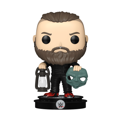 Figura Funko Pop WWE com lanterna e máscara verde em suporte preto.