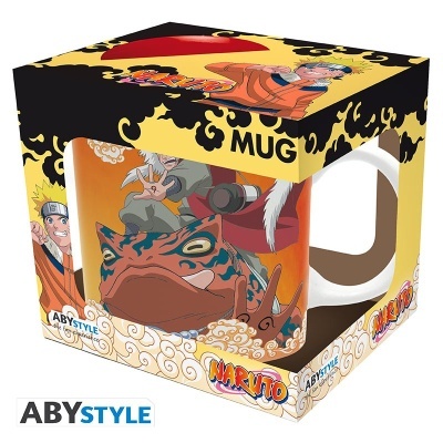 Caneca de cerâmica Naruto com embalagem amarela e ilustrações coloridas