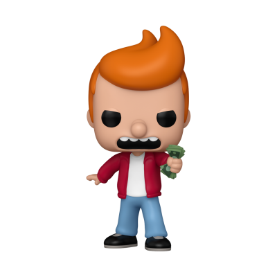 Boneco Funko Pop com cabelo laranja e casaco vermelho segurando dinheiro.